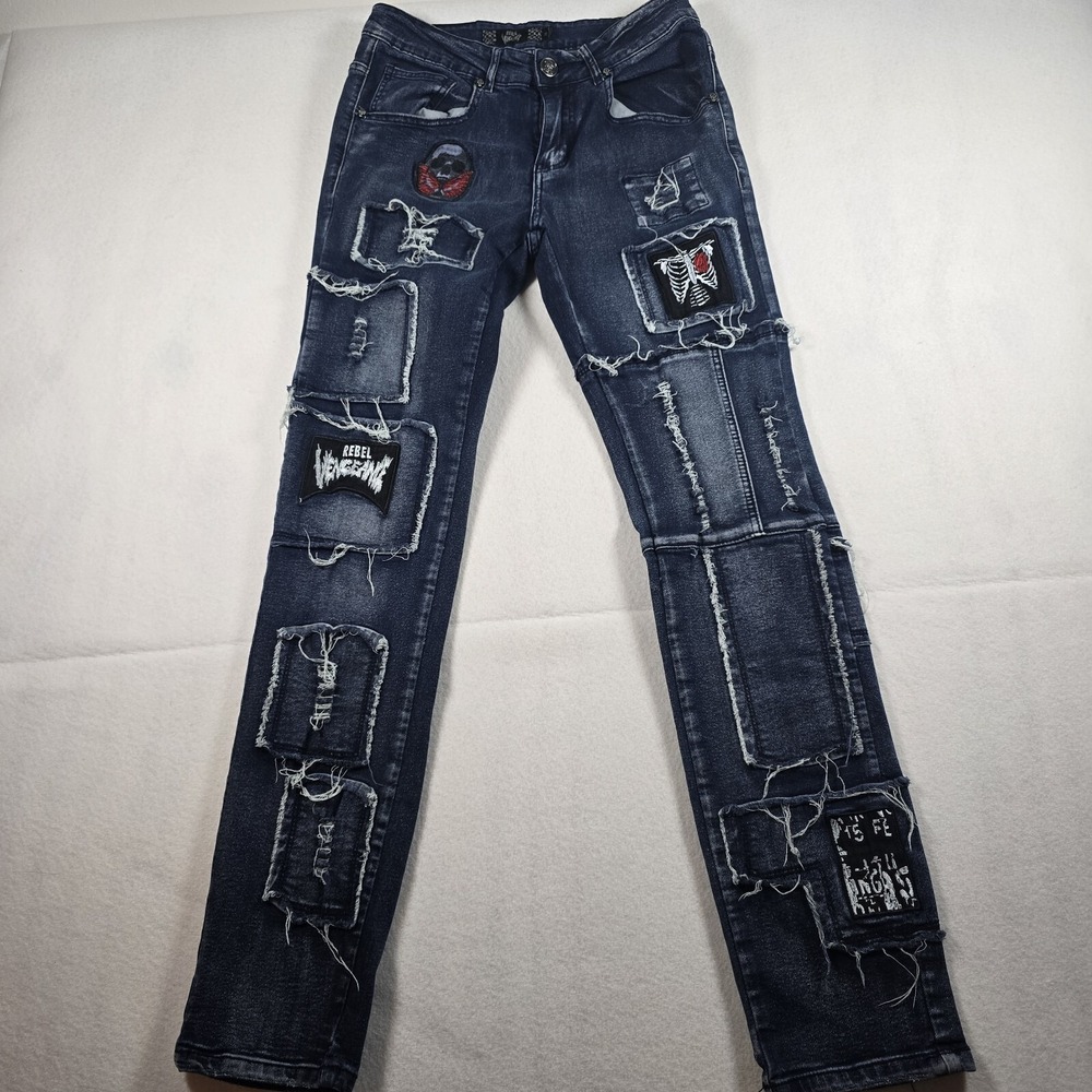 Rebel Vengeance Womens Straight Jeans 28 Blue Wash Patched Denim‎ Distressed